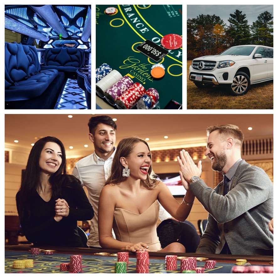 Collage: party bus interior, casino chips, white Mercedes SUV, friends cheering at roulette
