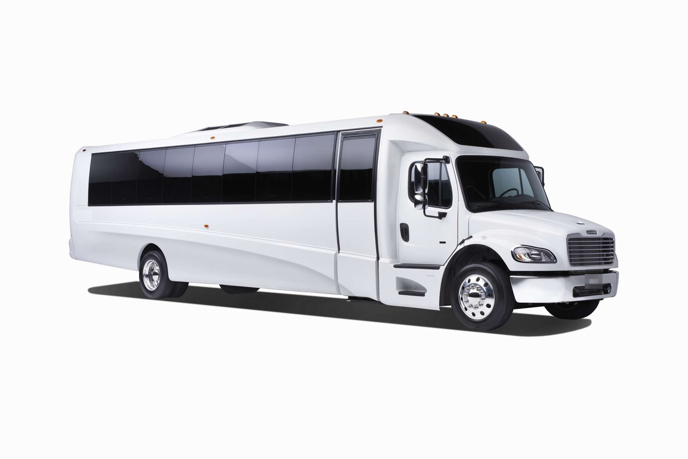 White party bus with tinted windows on a white background