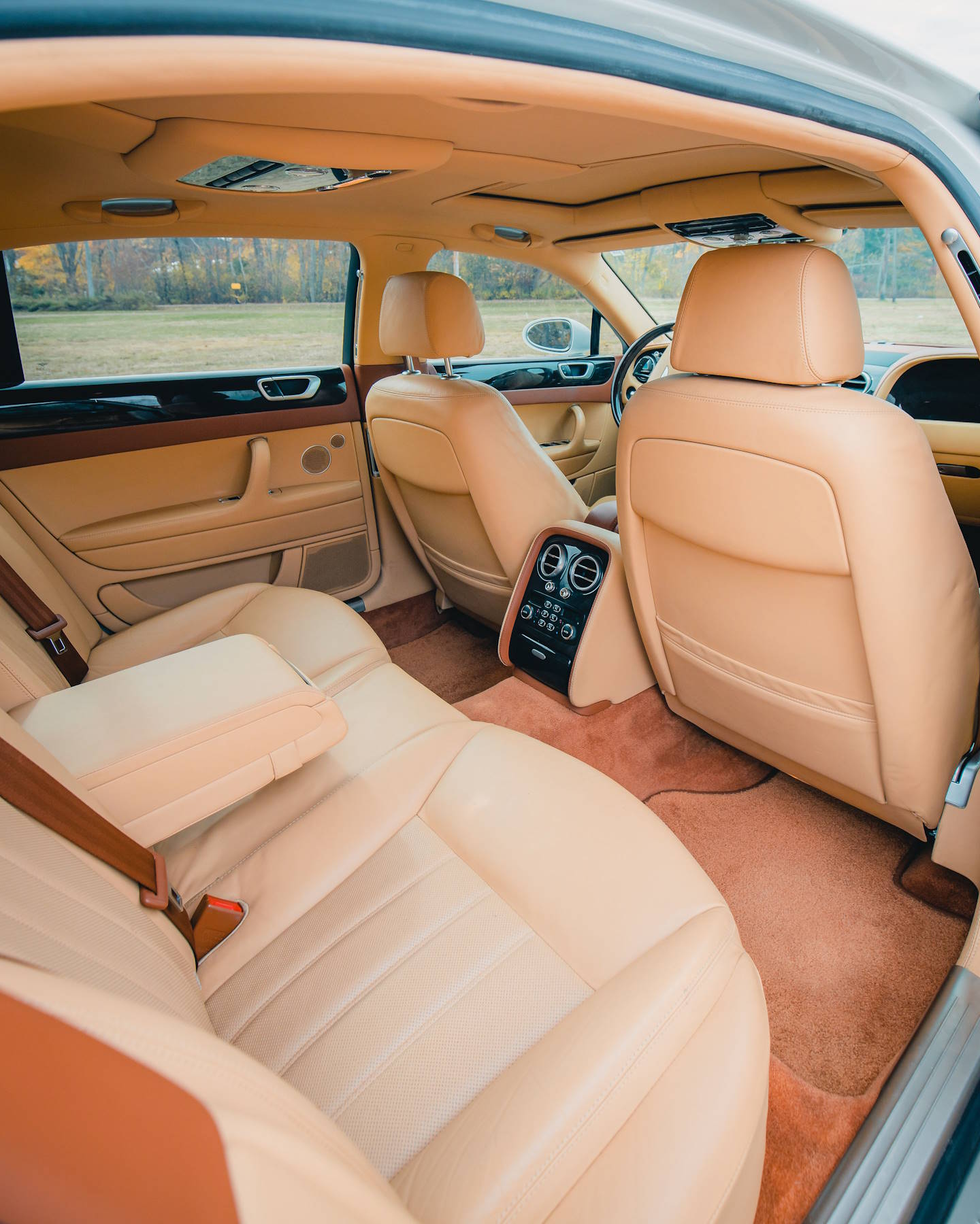 Car interior with tan leather rear seats, wood trim and a fold-down armrest