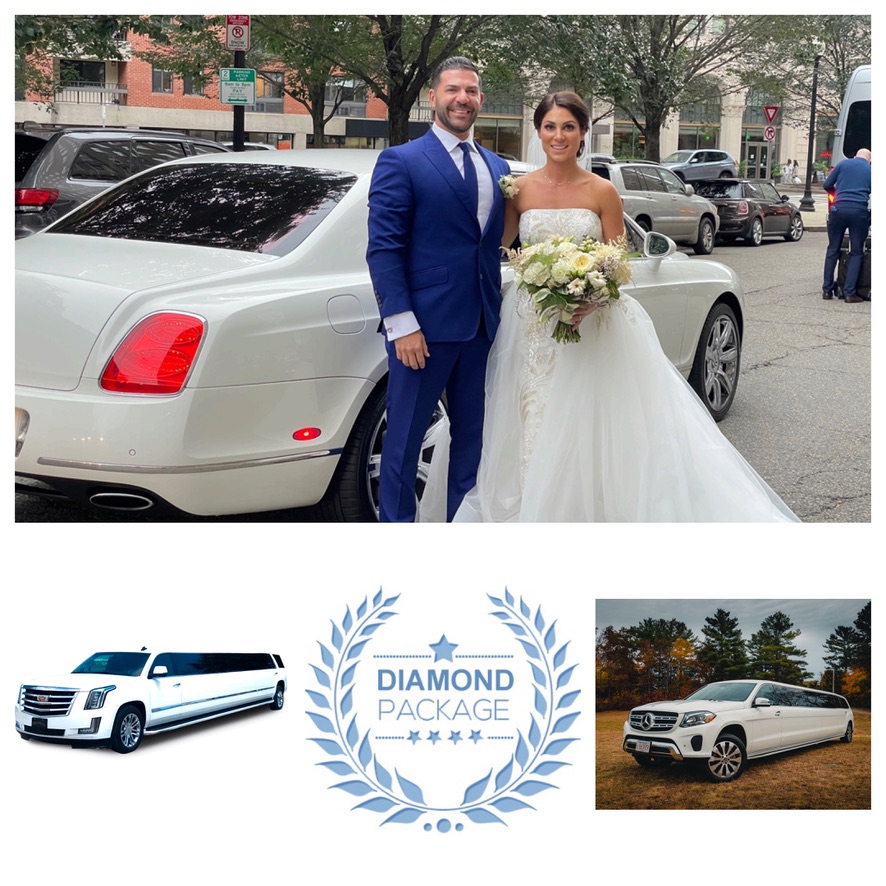 Diamond Package graphic: bride and groom by a white sedan, white Cadillac and Mercedes limos