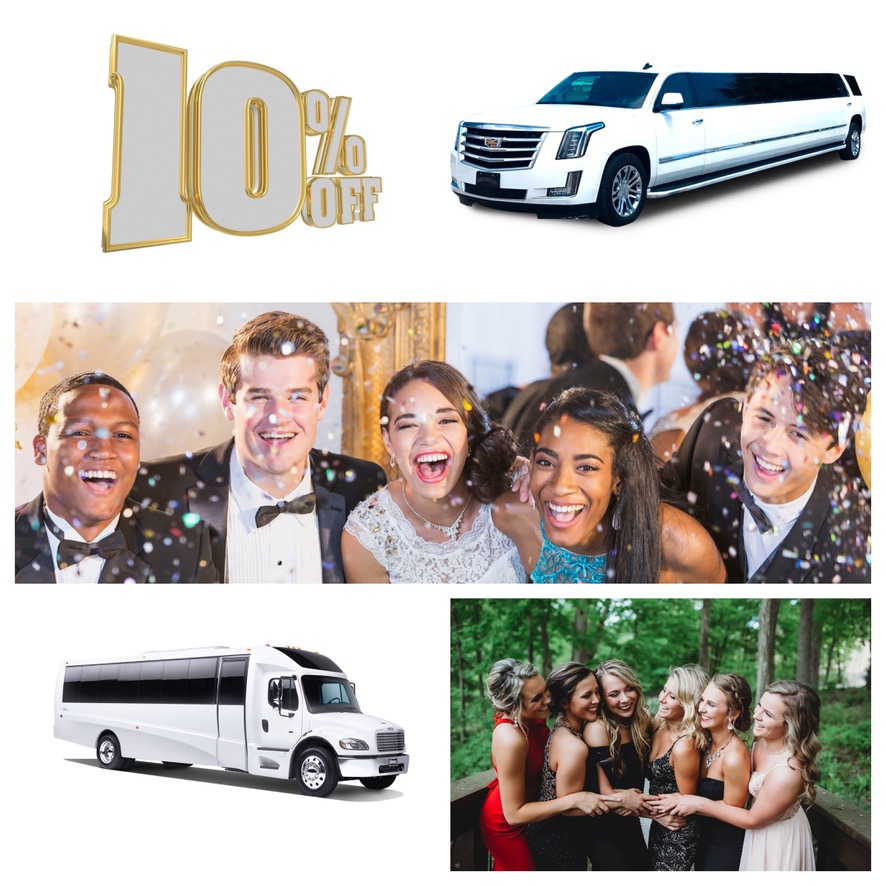 Prom offer collage: 10% off, stretch SUV limo, party bus and teens in formal wear