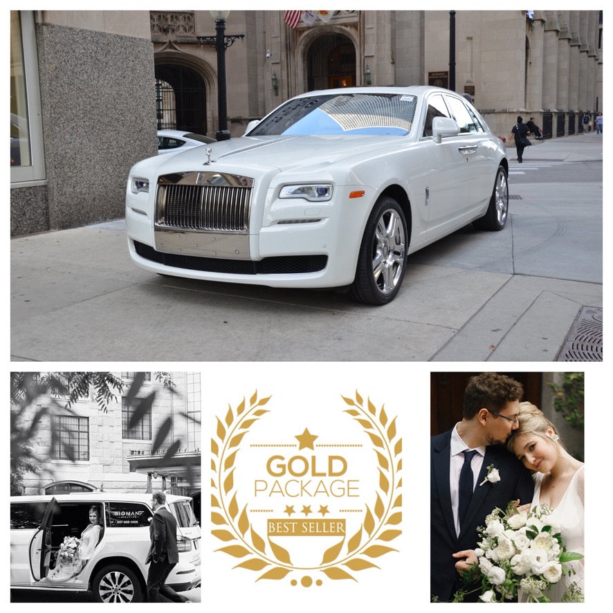 Gold Package collage: white Rolls-Royce Ghost, bride in an SUV limo, couple with bouquet