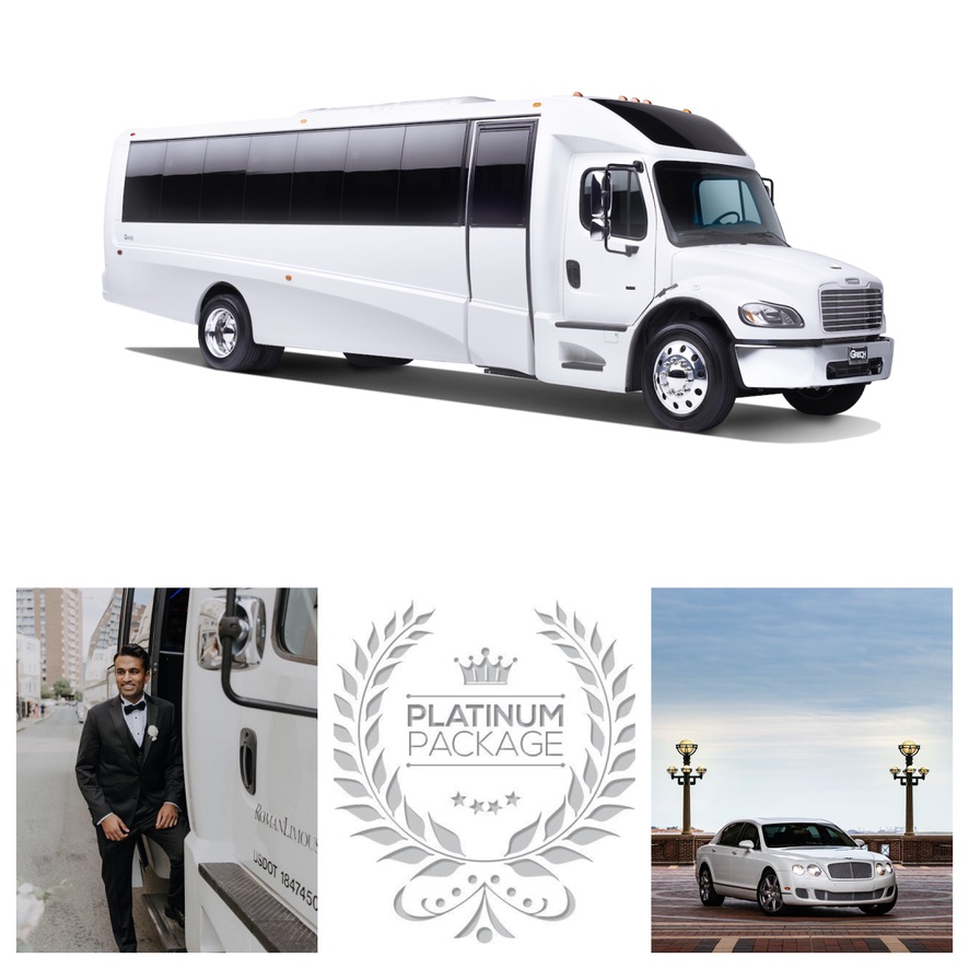 Platinum Package collage: white party bus, groom in a tuxedo, white Bentley sedan