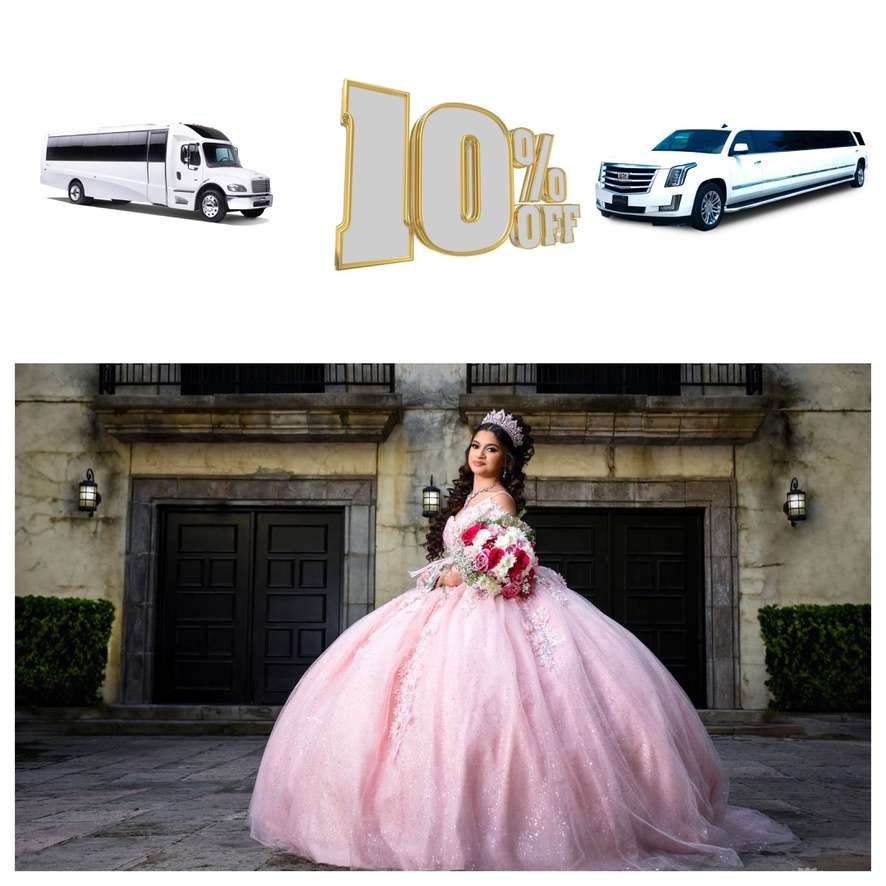 10% off graphic: white party bus, stretch SUV, girl in a pink ball gown