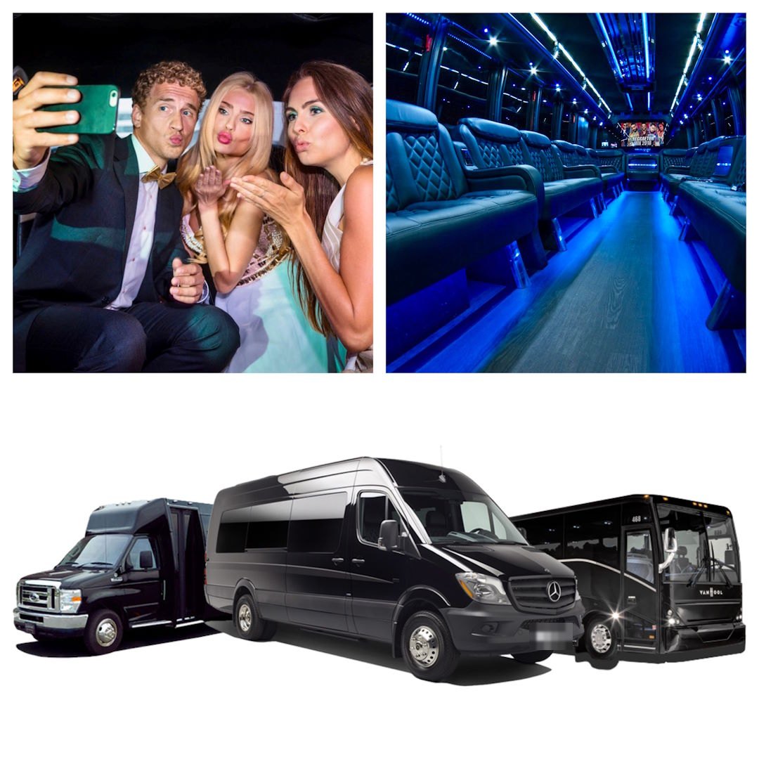 Collage: friends taking a selfie, blue-lit party bus interior and three black party buses